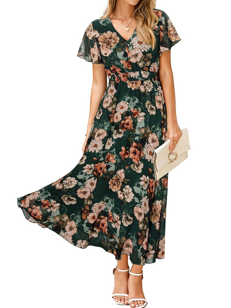 Simplee Apparel Simplee Womens Floral Maxi Dress - Short Sleeve Summer Boho Wedding Guest Dress Empire Waist Chiffon Modest Midi Dresses Green,M - Image 1