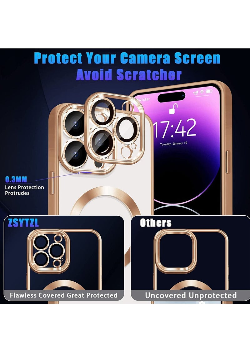 Compatible with iPhone 14 Pro Max Case Magnetic with Full Camera Lens Protective,Electroplated Silicone Clear Shockproof Protective Case Cover 6.7 Inch (Gold) - Image 4