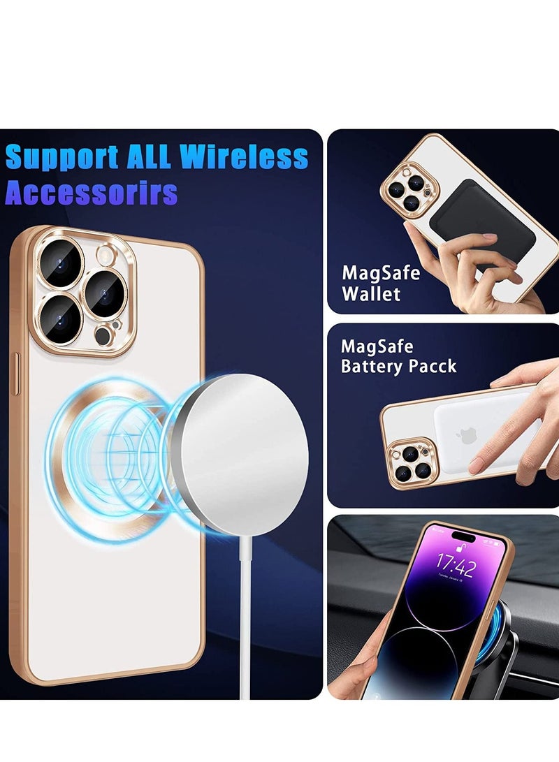 Compatible with iPhone 14 Pro Max Case Magnetic with Full Camera Lens Protective,Electroplated Silicone Clear Shockproof Protective Case Cover 6.7 Inch (Gold) - Image 2