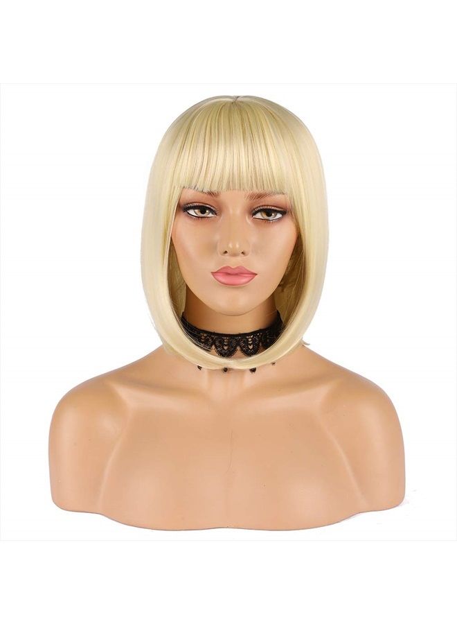 eNilecor Short Light Blonde Bob Wigs 12" Straight with Bangs Synthetic Colorful Cosplay Daily Party Wig for Women Natural As Real Hair+ Free Wig Cap (Light Blonde) - Image 4
