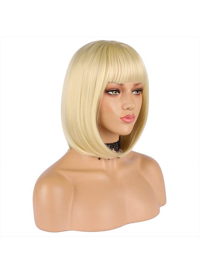 eNilecor Short Light Blonde Bob Wigs 12" Straight with Bangs Synthetic Colorful Cosplay Daily Party Wig for Women Natural As Real Hair+ Free Wig Cap (Light Blonde) - Image 1