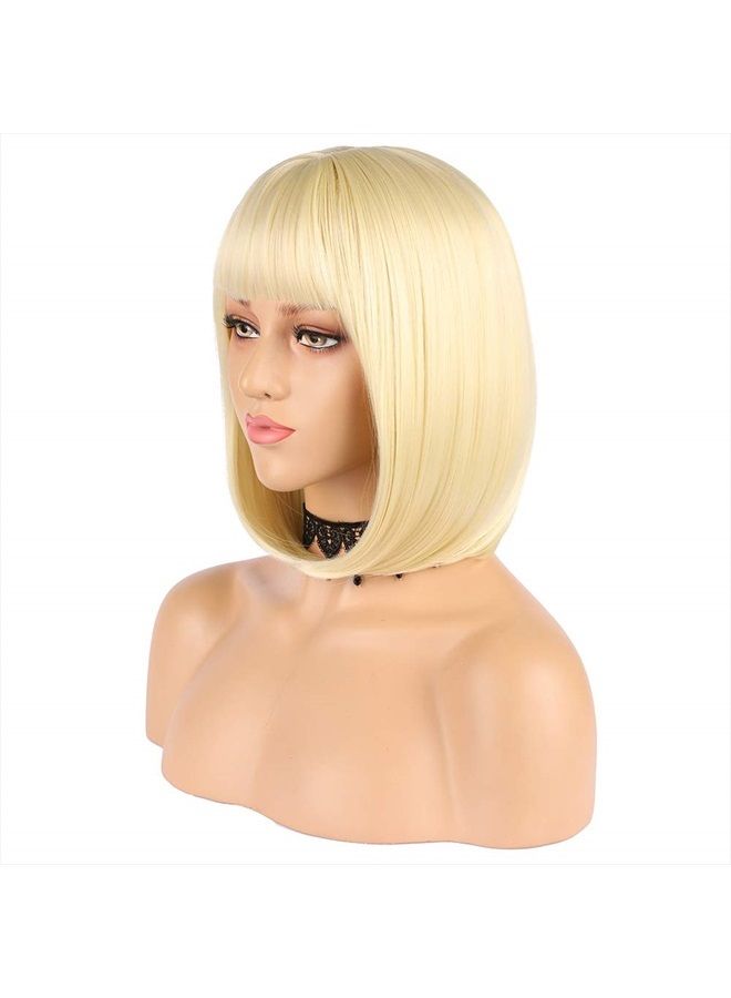 eNilecor Short Light Blonde Bob Wigs 12" Straight with Bangs Synthetic Colorful Cosplay Daily Party Wig for Women Natural As Real Hair+ Free Wig Cap (Light Blonde) - Image 5