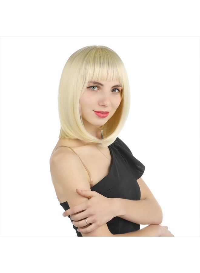 eNilecor Short Light Blonde Bob Wigs 12" Straight with Bangs Synthetic Colorful Cosplay Daily Party Wig for Women Natural As Real Hair+ Free Wig Cap (Light Blonde) - Image 2