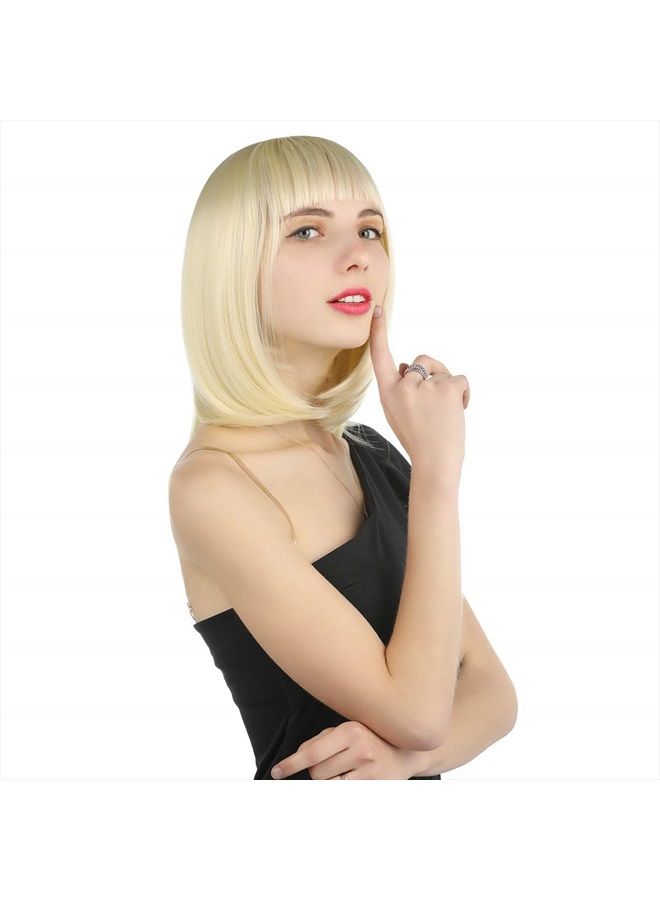 eNilecor Short Light Blonde Bob Wigs 12" Straight with Bangs Synthetic Colorful Cosplay Daily Party Wig for Women Natural As Real Hair+ Free Wig Cap (Light Blonde) - Image 3