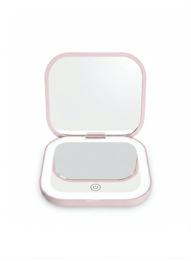 Portable LED Makeup Mirror with 2X Magnification - Rechargeable Pocket Compact Mirror, 3 Brightness Levels, Slim Travel Beauty Tool - Ideal Gift for Women (Pink) - Image 1
