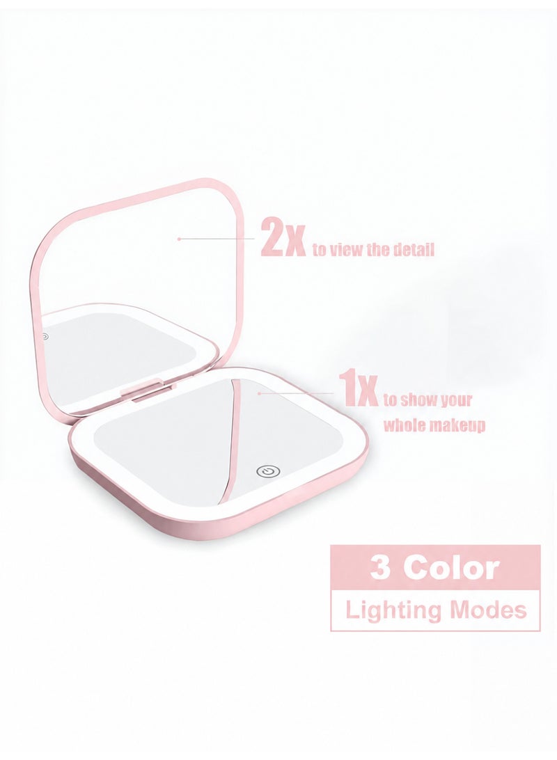 Portable LED Makeup Mirror with 2X Magnification - Rechargeable Pocket Compact Mirror, 3 Brightness Levels, Slim Travel Beauty Tool - Ideal Gift for Women (Pink) - Image 3