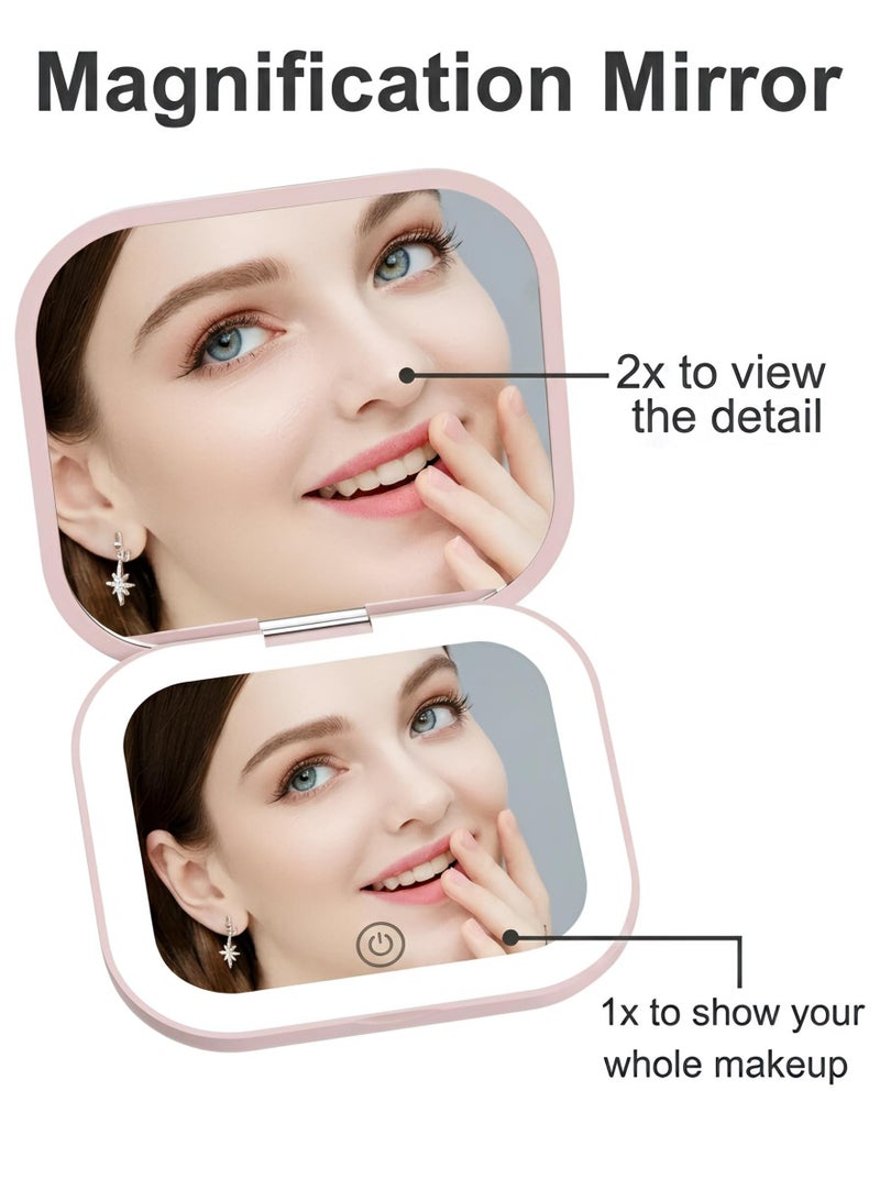 Portable LED Makeup Mirror with 2X Magnification - Rechargeable Pocket Compact Mirror, 3 Brightness Levels, Slim Travel Beauty Tool - Ideal Gift for Women (Pink) - Image 2