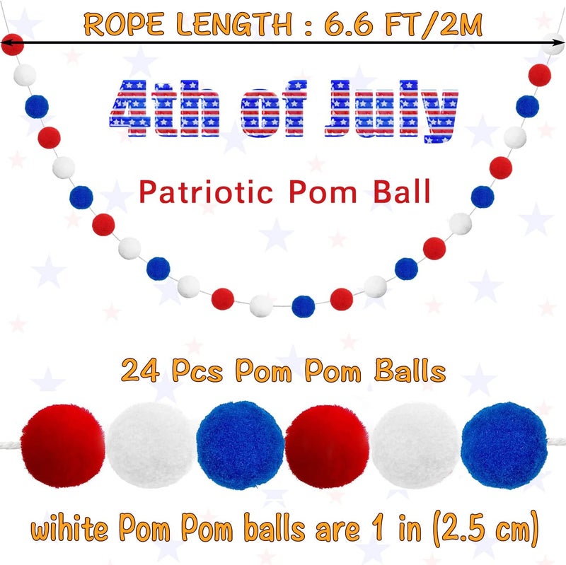 Jishi Pom Pom Garland 4th of July Decorations, Patriotic Red White Blue Felt Ball Garland, 3-Pack 6.6ft Long 24 Cute Pompom Balls String, Christmas Tree Decor Ornaments for Home Birthday Holiday Party - Image 2
