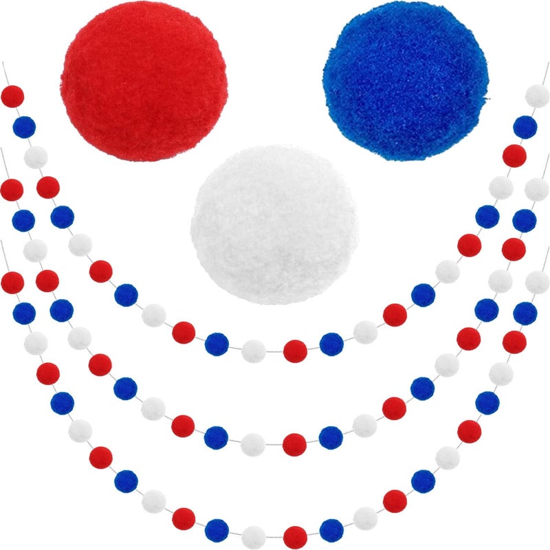 Jishi Pom Pom Garland 4th of July Decorations, Patriotic Red White Blue Felt Ball Garland, 3-Pack 6.6ft Long 24 Cute Pompom Balls String, Christmas Tree Decor Ornaments for Home Birthday Holiday Party - Image 1