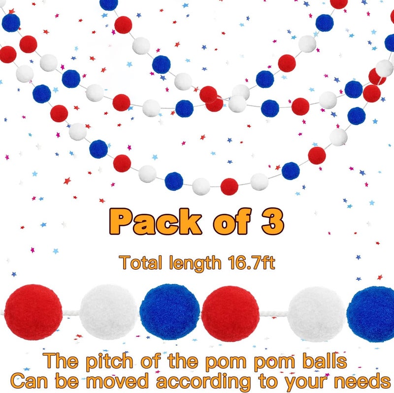 Jishi Pom Pom Garland 4th of July Decorations, Patriotic Red White Blue Felt Ball Garland, 3-Pack 6.6ft Long 24 Cute Pompom Balls String, Christmas Tree Decor Ornaments for Home Birthday Holiday Party - Image 3