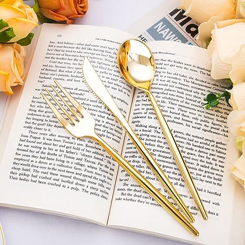 SUT 300 Pcs Gold Plastic Cutlery, Gold Utensils Disposable, Gold Plastic Silverware Set Include 100 Gold Plastic Forks, 100 Gold Plastic Spoons, 100 Gold Plastic Knives Heavy Duty Flatware for Party - Image 5