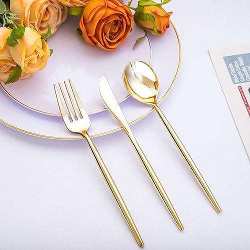 SUT 300 Pcs Gold Plastic Cutlery, Gold Utensils Disposable, Gold Plastic Silverware Set Include 100 Gold Plastic Forks, 100 Gold Plastic Spoons, 100 Gold Plastic Knives Heavy Duty Flatware for Party - Image 3