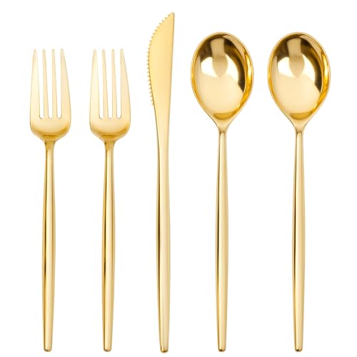 SUT 300 Pcs Gold Plastic Cutlery, Gold Utensils Disposable, Gold Plastic Silverware Set Include 100 Gold Plastic Forks, 100 Gold Plastic Spoons, 100 Gold Plastic Knives Heavy Duty Flatware for Party - Image 1