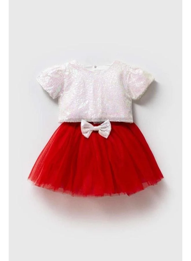 Magu Girls' Ecru Cotton Sequin Crop Top and Red Tulle Skirt Set