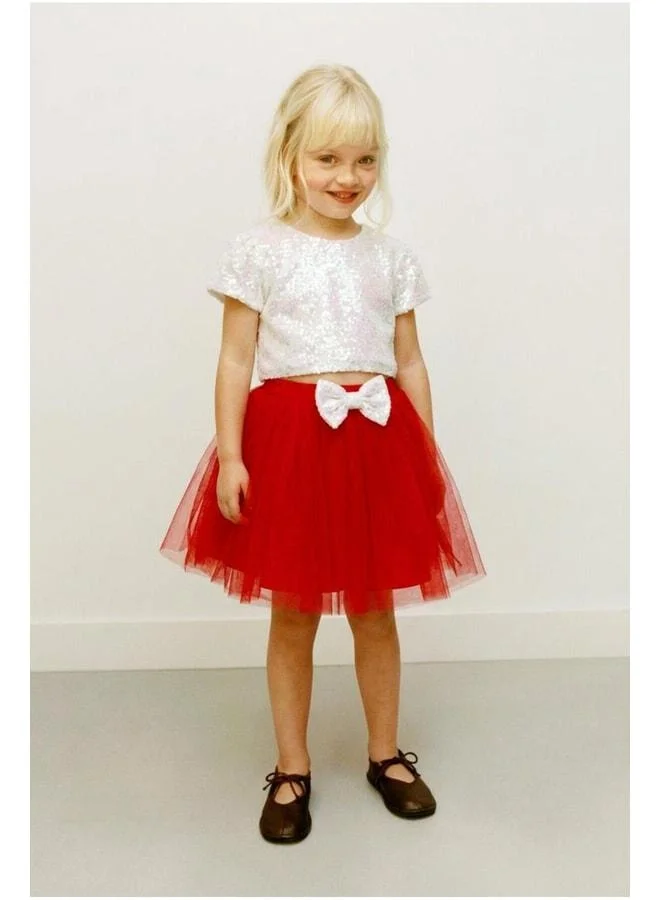 Magu Girls' Ecru Cotton Sequin Crop Top and Red Tulle Skirt Set