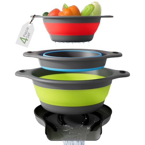 Gevoli Collapsible Colanders with Self-Draining Base for Edge of Sink, Food Strainers (Small/Med/Large), Nested Design for Easy Storage (Red, Blue, Green) (4PC Set) - Image 1