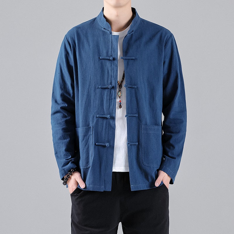 Chinese Style Autumn Long-Sleeved Base Shirt With Buckle Collar Chinese Style Retro Cotton And Linen Shirt With Buckle Collar - Image 1