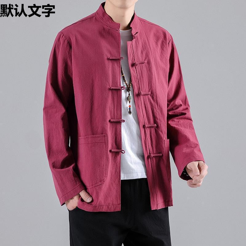Chinese Style Autumn Long-Sleeved Base Shirt With Buckle Collar Chinese Style Retro Cotton And Linen Shirt With Buckle Collar - Image 4