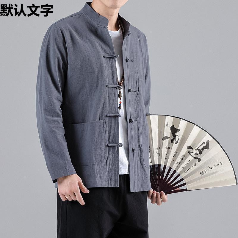 Chinese Style Autumn Long-Sleeved Base Shirt With Buckle Collar Chinese Style Retro Cotton And Linen Shirt With Buckle Collar - Image 3