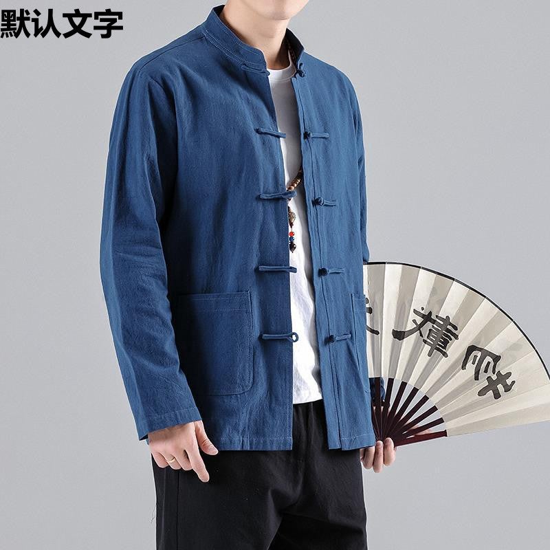 Chinese Style Autumn Long-Sleeved Base Shirt With Buckle Collar Chinese Style Retro Cotton And Linen Shirt With Buckle Collar - Image 5