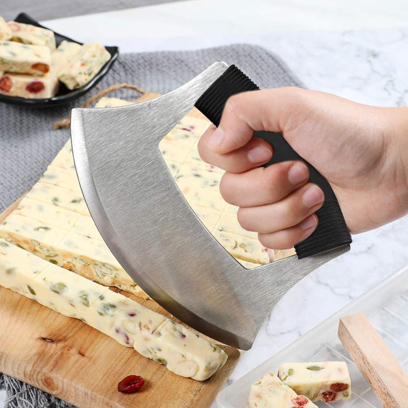 TLIOCAS Mezzaluna Salad Chopper,Stainless Steel Mezzaluna Knife Razor Sharp Rocker Slicer with Protection Cover Vegetable Chopper Mincing Cutter for Pizza Cheese Onion Carrot Pepper Garlic - Image 3