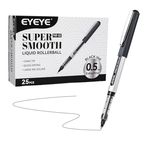 EYEYE 0.5mm Black Rollerball Pens 25 Pack, Extra Fine Point Roller Ball Pen Quick Dry, Liquid Ink Pens Fine Point Smooth Writing Pen for Journaling, Note Taking, Office, School Supplies - Image 1