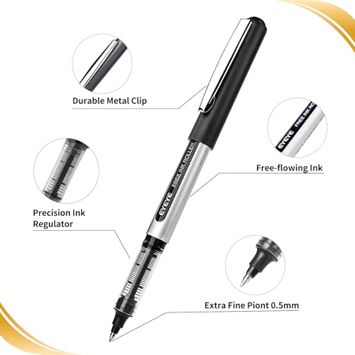 EYEYE 0.5mm Black Rollerball Pens 25 Pack, Extra Fine Point Roller Ball Pen Quick Dry, Liquid Ink Pens Fine Point Smooth Writing Pen for Journaling, Note Taking, Office, School Supplies - Image 4