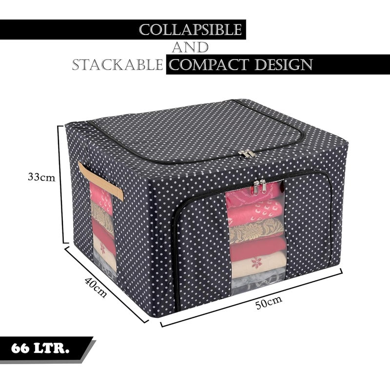 Urbane Home Urbane Home Pack of 2 Clothes Storage Box 66 Liter Wardrobe Organizer Parachute Steel Frame Drawer Organizer Waterproof Underbed Storage Box for Blankets Dot Print Black  - Image 3