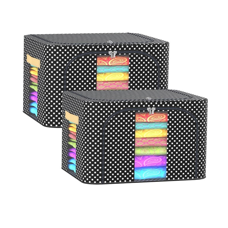 Urbane Home Urbane Home Pack of 2 Clothes Storage Box 66 Liter Wardrobe Organizer Parachute Steel Frame Drawer Organizer Waterproof Underbed Storage Box for Blankets Dot Print Black  - Image 1