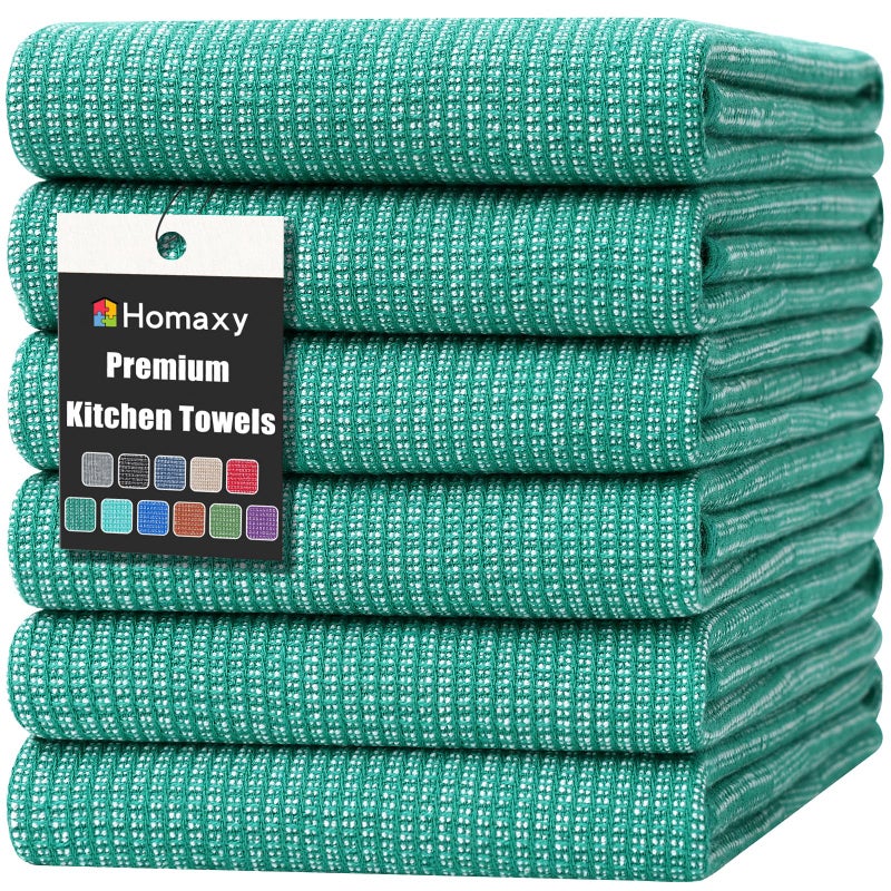 Homaxy Premium Kitchen Towels(18â€x 28â€, 6 Pack), Large Cotton Kitchen Hand Towels, Flat and Terry Dish Towels, 380 GSM Highly Absorbent Tea Towel Set with Hanging Loop, Green - Image 1