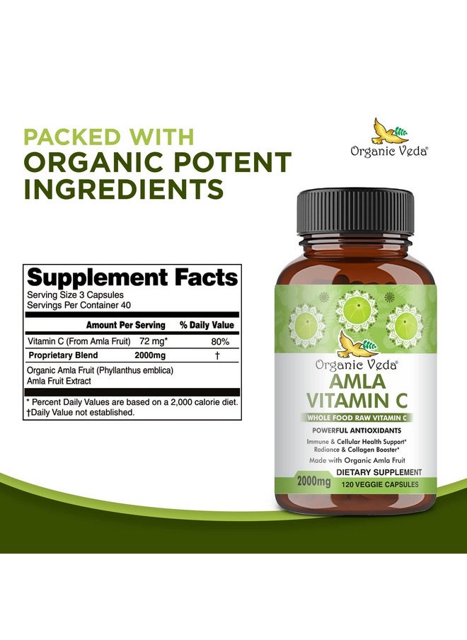 Organic Veda - Amla Capsules Natural Vitamin C Supplements Organic Whole Food Vitamin C Amla Powder For Immunity Skin Radiance Antioxidants Wellness Non Gmo Raw Vegan Vitamin C Capsules 120 - Image 1