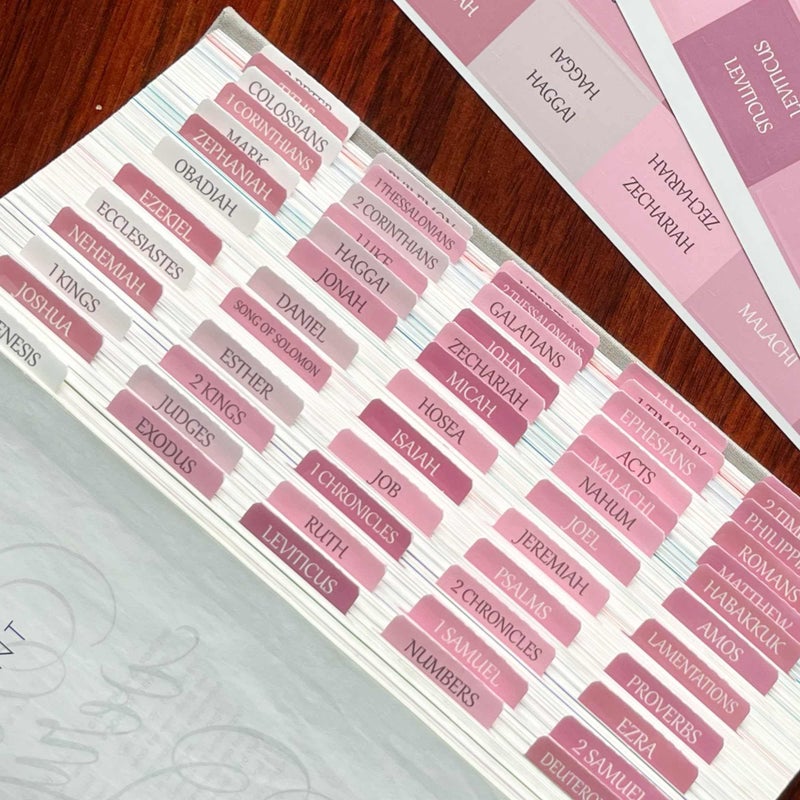 thinkor Laminated Bible Tabs, Reposition Large Print Stickers, Easy to Read and Apply Bible Tabs for Women and Man (White Pink) - Image 1