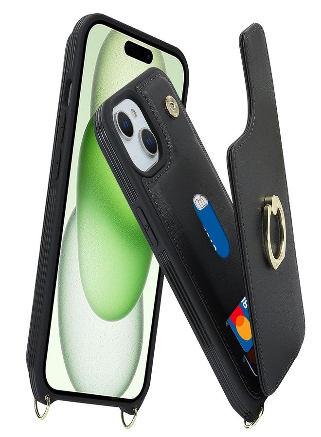 جراب Lipvina لهاتف iPhone 15 مع حامل بطاقات وحزام للنساء، حبل تعليق، حامل حلقي، مشبك كبس، جراب محفظة للهاتف 6.1 بوصة (أسود) - Image 3