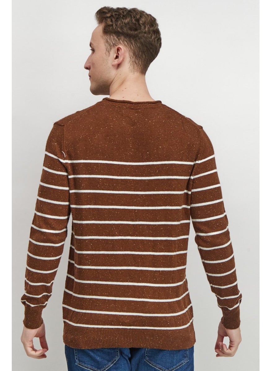 Club Room - Men Crew Neck Striped Long Sleeve Sweater, Brown and White Combo - Image 1