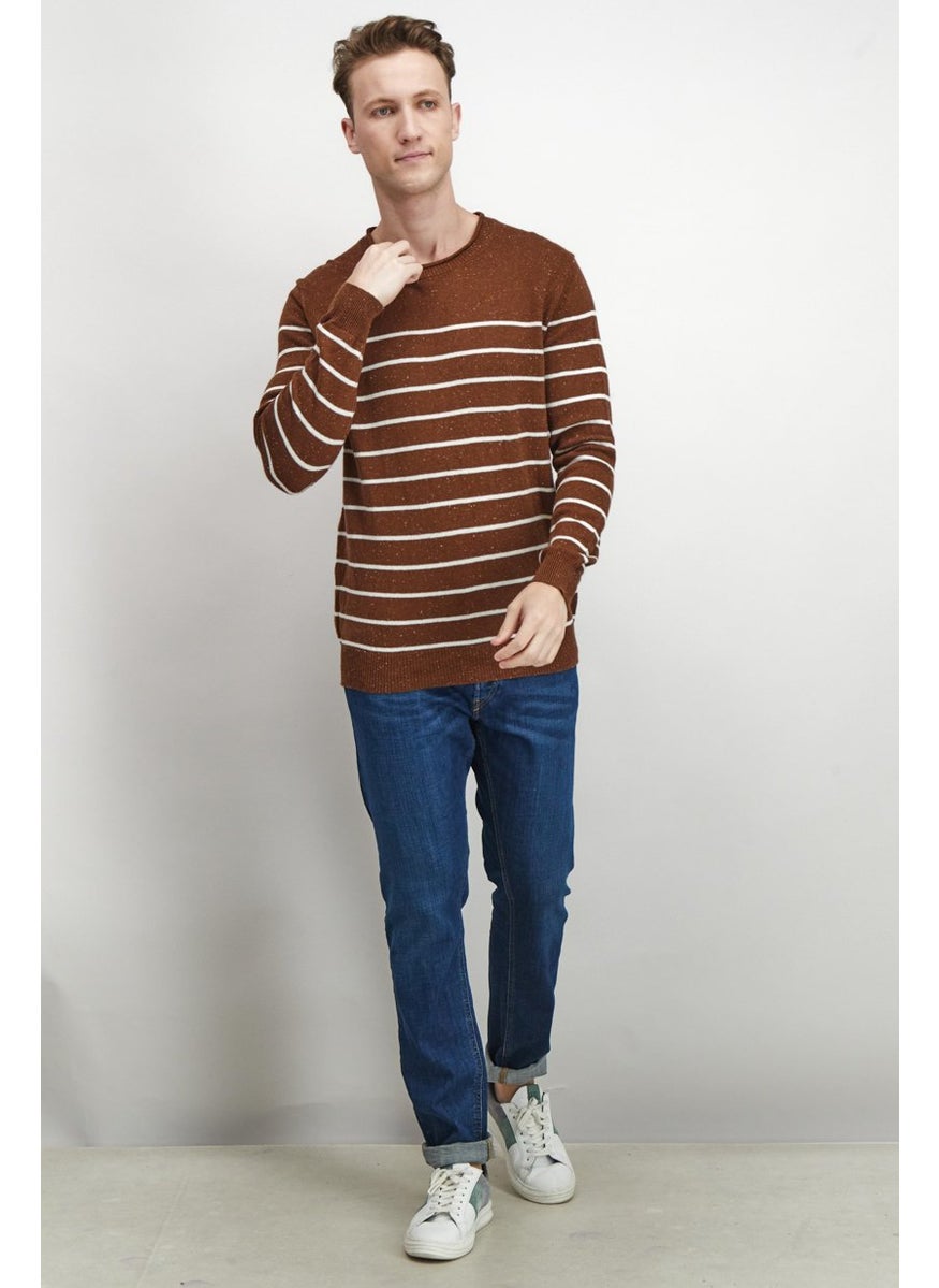 Club Room - Men Crew Neck Striped Long Sleeve Sweater, Brown and White Combo - Image 1