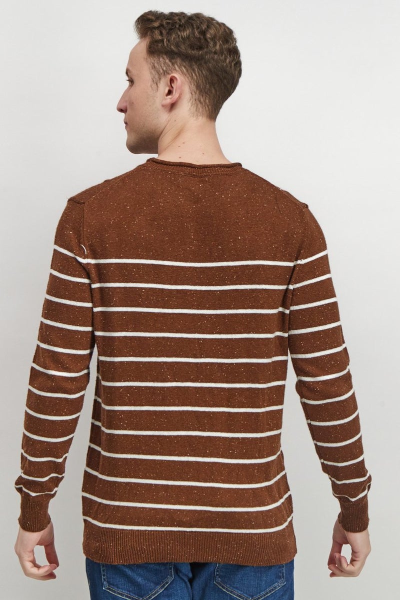 Club Room Men Crew Neck Striped Long Sleeve Sweater, Brown and White Combo - Image 2
