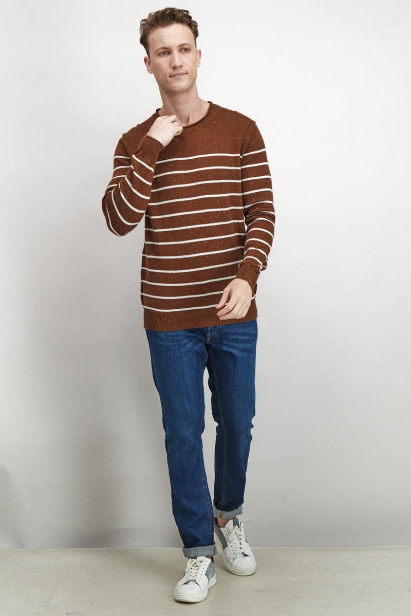 Club Room Men Crew Neck Striped Long Sleeve Sweater, Brown and White Combo - Image 4
