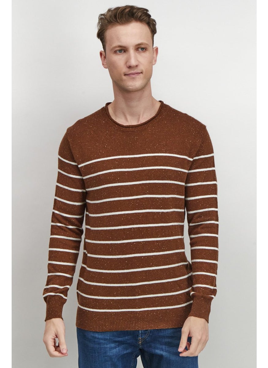 Club Room - Men Crew Neck Striped Long Sleeve Sweater, Brown and White Combo - Image 1