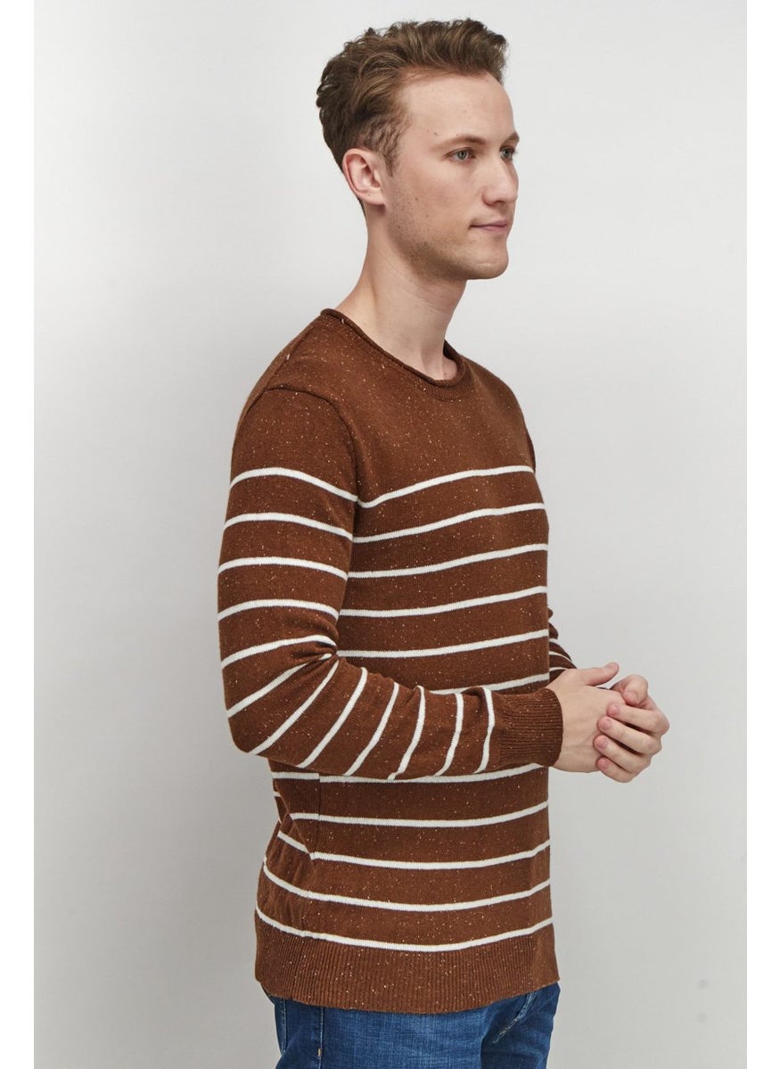 Club Room - Men Crew Neck Striped Long Sleeve Sweater, Brown and White Combo - Image 1