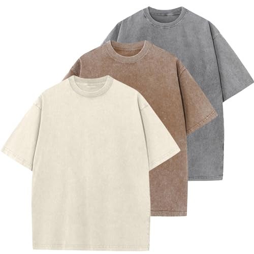 KEEPSHOWING 3 Pcs Oversized Heavy Cotton Summer T-Shirts Vintage Unisex Short Sleeves Casual Loose Basic Tops(Beige+Coffee+Grey XL) - Image 1