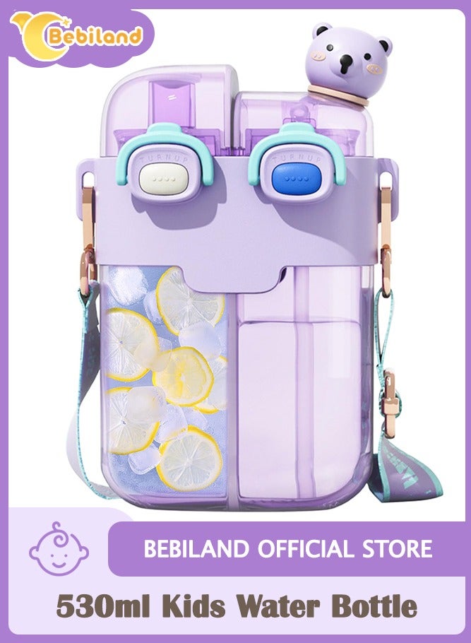 530ml Water Bottle for Kids, Kawaii Water Bottle for Girls, Funny Bear Water Bottles with Straw and Strap, Dual Compartments Leak-Proof Plastic Drinking Cup for School Sport Travel (Purple)  - Image 1
