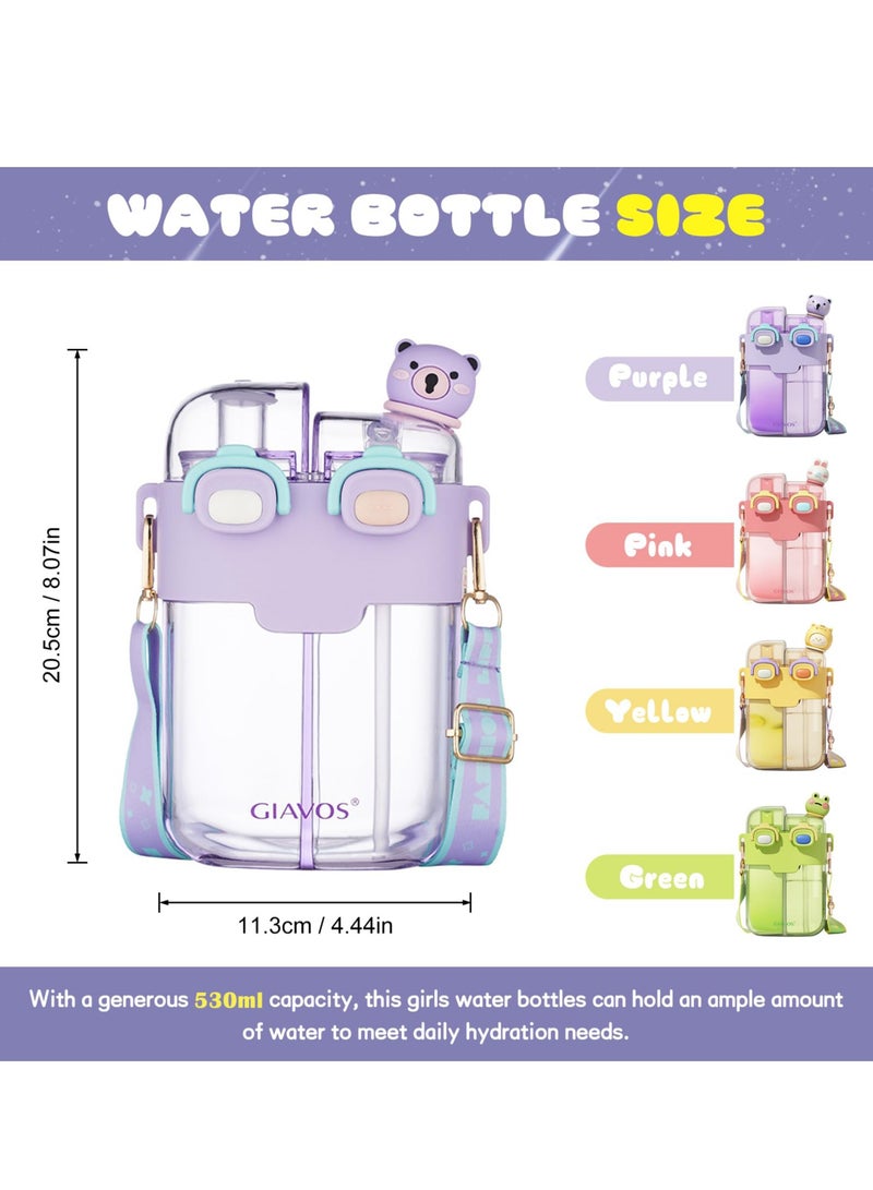 530ml Water Bottle for Kids, Kawaii Water Bottle for Girls, Funny Bear Water Bottles with Straw and Strap, Dual Compartments Leak-Proof Plastic Drinking Cup for School Sport Travel (Purple)  - Image 2
