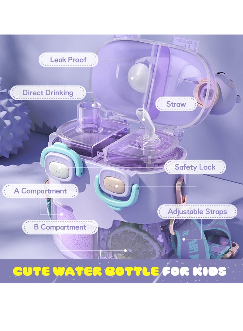 530ml Water Bottle for Kids, Kawaii Water Bottle for Girls, Funny Bear Water Bottles with Straw and Strap, Dual Compartments Leak-Proof Plastic Drinking Cup for School Sport Travel (Purple)  - Image 3