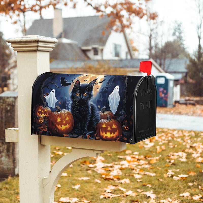 Farg Halloween Night Black Cat Mailbox Covers Pumpkin Maple Leaf Bat Castle Ghost Mailbox Post Cover Letter Box for Garden Standard Size 21x18 in for Yard Home Decor - Image 2