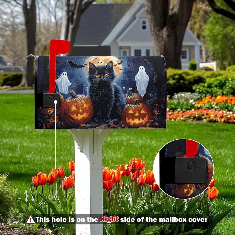 Farg Halloween Night Black Cat Mailbox Covers Pumpkin Maple Leaf Bat Castle Ghost Mailbox Post Cover Letter Box for Garden Standard Size 21x18 in for Yard Home Decor - Image 3