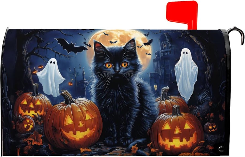 Farg Halloween Night Black Cat Mailbox Covers Pumpkin Maple Leaf Bat Castle Ghost Mailbox Post Cover Letter Box for Garden Standard Size 21x18 in for Yard Home Decor - Image 1