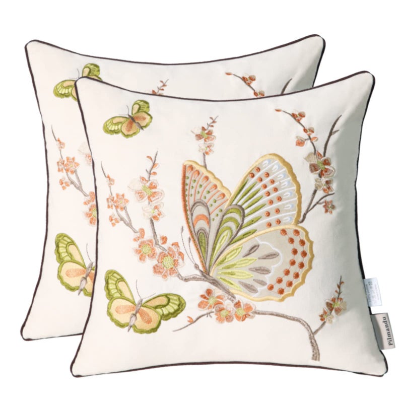 Pilmandu Set of 2 Embroidered Decorative Throw Pillow Covers Couch Square Pillowcases Cushion for Bedroom Sofa Farmhouse Decor 18x18 Inch Brown Butterfly