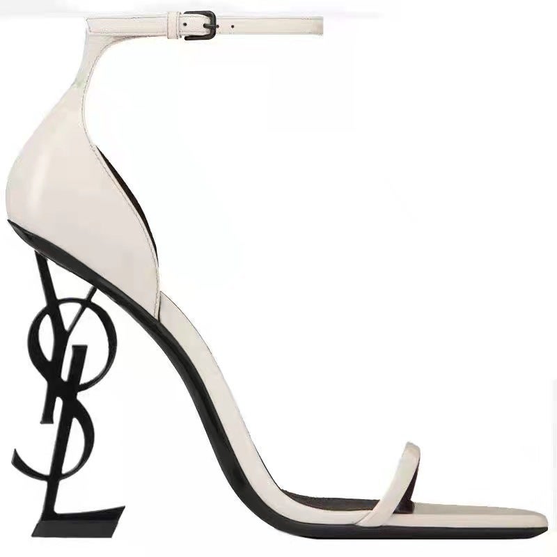 High Heels 2023 Fashion Metallic Letter Heel High Heel Sandals With Square Head - Image 1