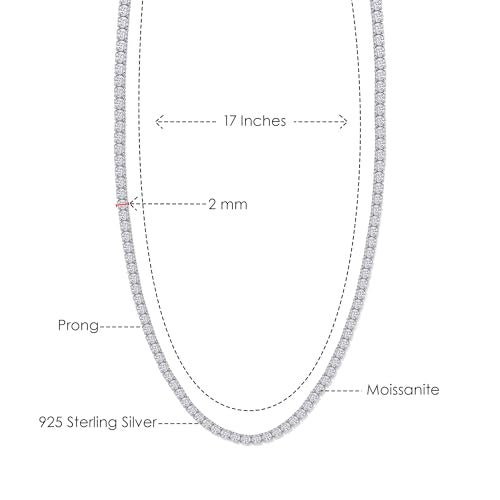 SAVEARTH DIAMONDS Round Cut Lab Created Moissanite 2MM Width Tennis Chain Necklace For Men Women In 14K White Gold Plated 925 Sterling Silver, (VVS1 Clarity, 6.50 CT), Length - 17" - Image 2
