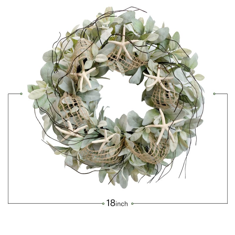 CIR OASES CIR OAOSES 18 Inch Green Ear Lambs Leaves Starfish Wreaths for Front Door, Rustic and Farmhouse Spring Summer Greenery Wreath for Inside and Outside, Grapevine Year Round Wreath for Home Decor - Image 3